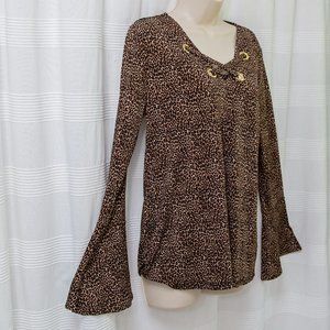 Animal Print Bell Sleeve Top with Gold Grommets & Corset Neck